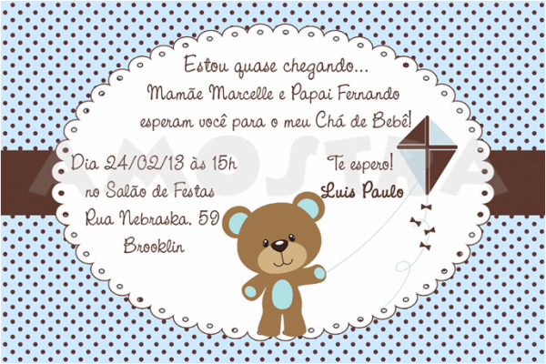Convite Para Chá De Bebê Com Fundo Azul E Bolinhas Marrons Convite Para Chá De Bebê Com Fundo Azul E Bolinhas Marrons