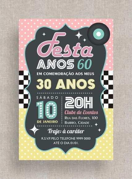 Convite Digital Aniversário 28 Festa Temática Anos 60, Anos 50 Convite Digital Aniversário 28 Festa Temática Anos 60, Anos 50