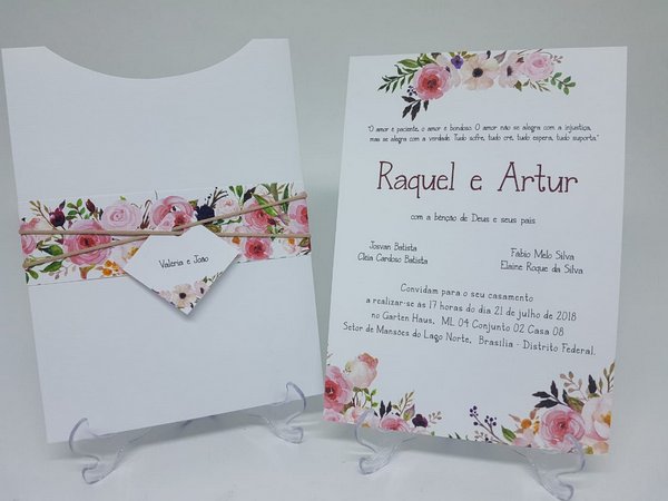 Convite Com Envelope Branco Floral