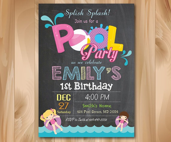 Pool Party Invitation Chalkboard  Girl Pool Birthday Party Invite