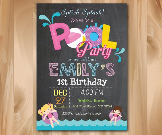 Pool Party Invitation Chalkboard Girl Pool Birthday Party Invite Pool Party Invitation Chalkboard Girl Pool Birthday Party Invite