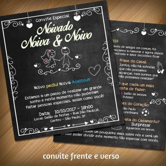 Convites De Noivado Simples Chalkboard Com Desenho De Noivinhos Convites De Noivado Simples Chalkboard Com Desenho De Noivinhos