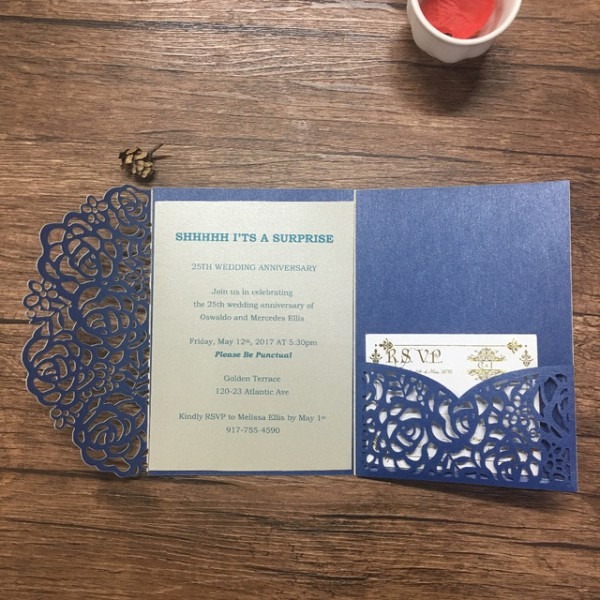 Cartão Do Convite Do Casamento Laser Cut Rose Vintage Azul Marinho Cartão Do Convite Do Casamento Laser Cut Rose Vintage Azul Marinho