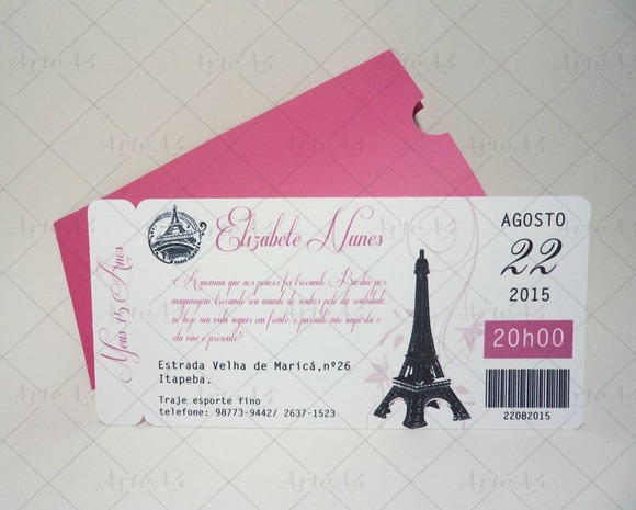 Convite 15 Anos Ticket Passagem Paris