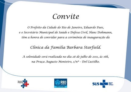 Convite Para Inauguração Da ClÃnica Da FamÃlia De Del Castilho Convite Para Inauguração Da ClÃnica Da FamÃlia De Del Castilho