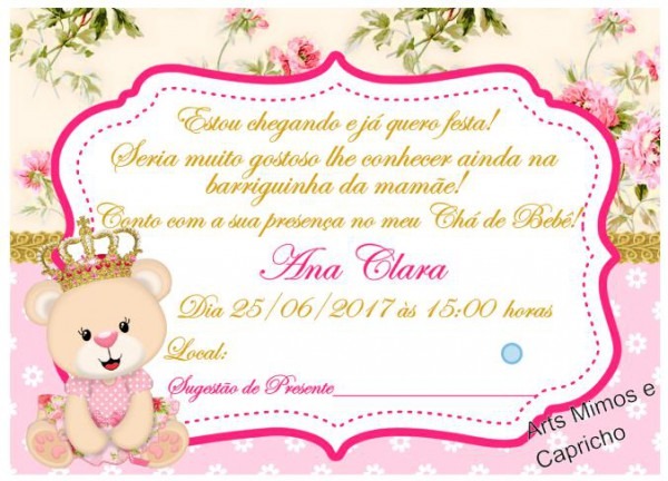 Convite ChÃ¡ De BebÃª Ursinha Princesa No Elo7