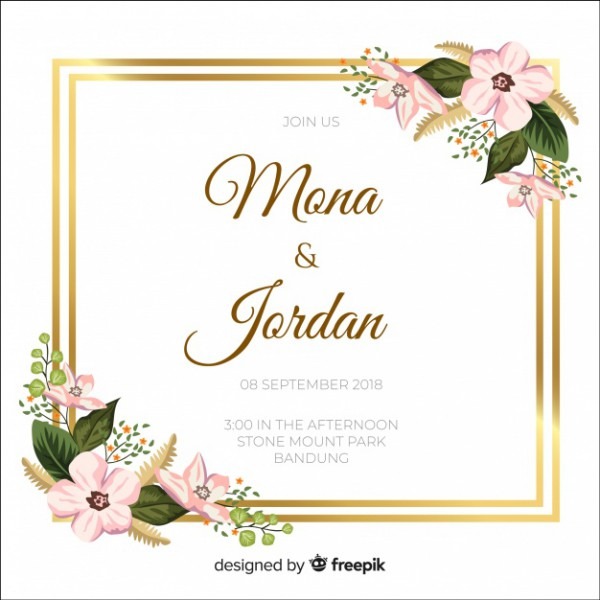 Convite De Casamento Floral Com Moldura Dourada Convite De Casamento Floral Com Moldura Dourada