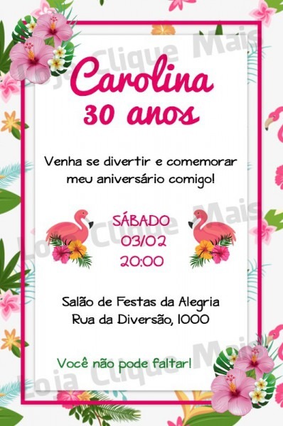Convite Digital Aniversário Tropical Flamingo Convite Digital Aniversário Tropical Flamingo