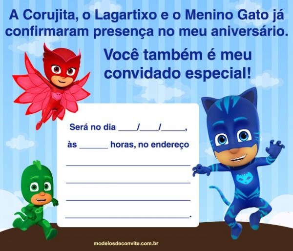 42 Convites Pj Masks Com O Menino Gato, Lagartixo E Corujita 42 Convites Pj Masks Com O Menino Gato, Lagartixo E Corujita