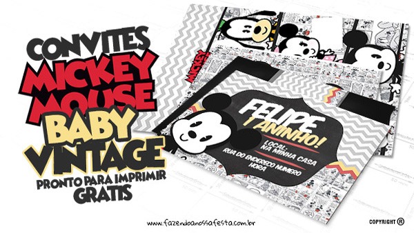 Convite Mickey Baby Vintage GrÃ¡tis Para Baixar E Imprimir Em Casa