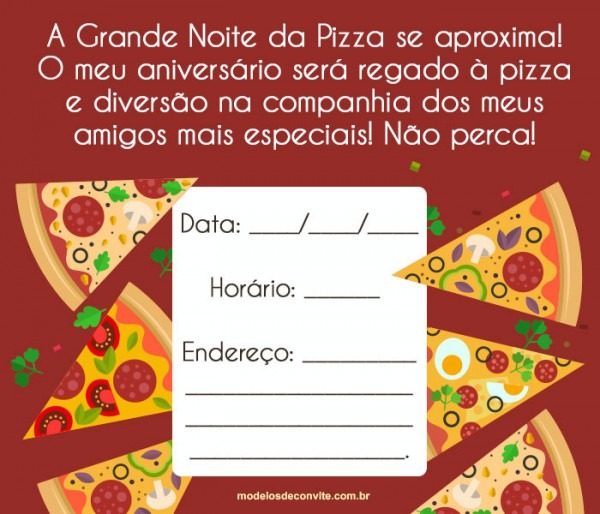 Convite Noite Da Pizza  24 Convites Para Pizza Party! â Modelos De