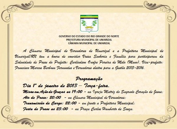 Convite De Posse Do Prefeito Mano Onofre De Umarizal Convite De Posse Do Prefeito Mano Onofre De Umarizal