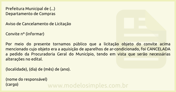 Modelo De Aviso De Cancelamento De Licitação Modelo De Aviso De Cancelamento De Licitação