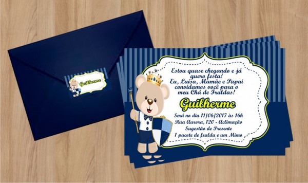 25 Convites Ursinho PrÃ­ncipe Azul Marinho Com Envelope E Tag