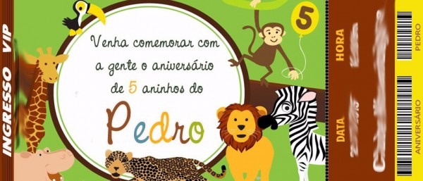 50 Convite Ingresso Safari Animais Floresta AniversÃ¡rio