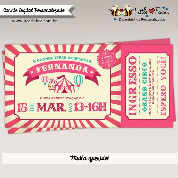 Convite Festa Circo Vintage Ingresso Menina Digital Convite Festa Circo Vintage Ingresso Menina Digital