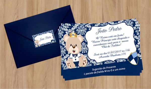 70 Convites Ursinho PrÃ­ncipe Azul Marinho Com Envelope E Tag
