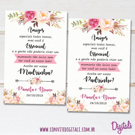 Convite Padrinhos Casamento Rosa Florido Convite Padrinhos Casamento Rosa Florido