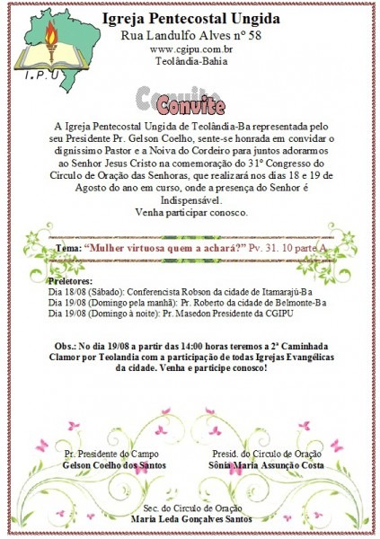 Convite Dos 31 Anos Do CÃrculo De Oração Da Ipu De Teolândia Convite Dos 31 Anos Do CÃrculo De Oração Da Ipu De Teolândia