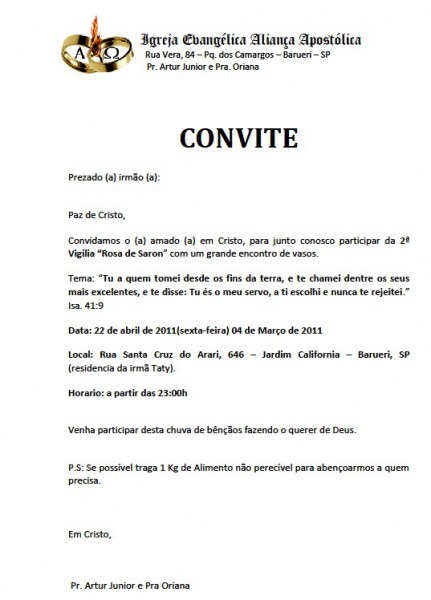 Modelo De Carta Convite Para Igreja Modelo De Carta Convite Para Igreja