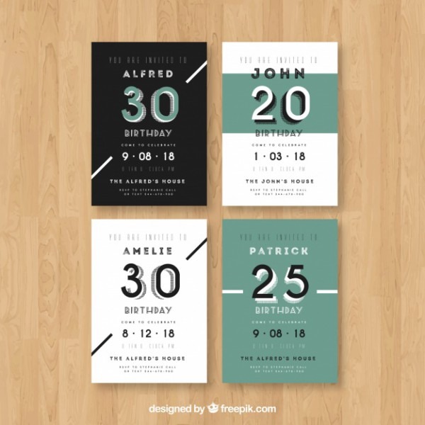 Conjunto De Quatro Convites De Aniversário Em Design Plano Conjunto De Quatro Convites De Aniversário Em Design Plano