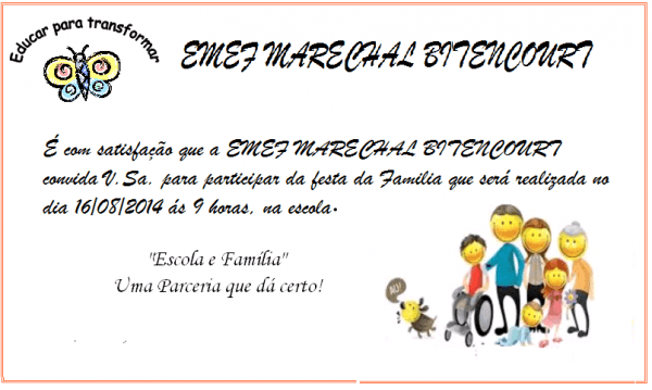 Escola Marechal Bitencourt  Convite Da Festa Da FamÃlia Da Escola