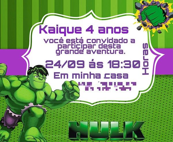 Convite Infantil IncrÃvel Hulk Convite Infantil IncrÃvel Hulk