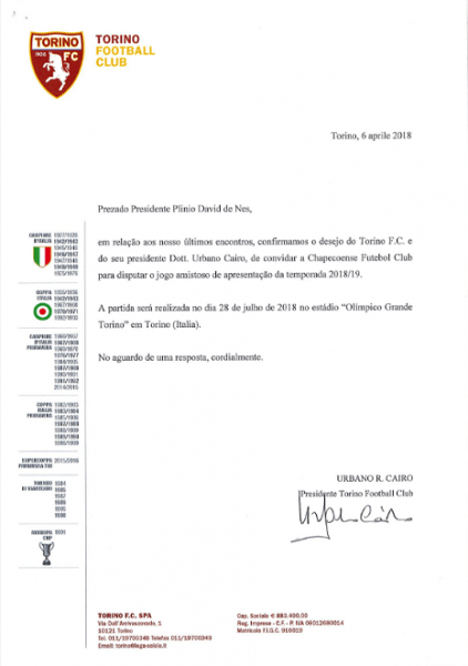 Chapecoense Recebe Convite Oficial Para Amistoso Contra O Torino Chapecoense Recebe Convite Oficial Para Amistoso Contra O Torino