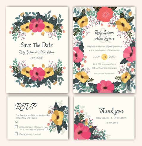 Conjunto De Vetores De Cartões De Convite Com Elementos De Flores Conjunto De Vetores De Cartões De Convite Com Elementos De Flores
