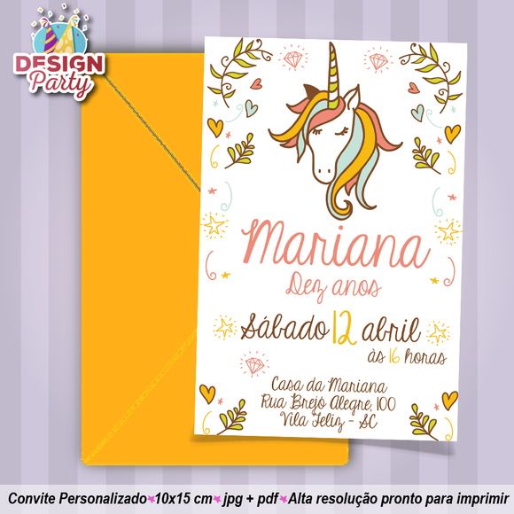 Convite Aniversário Unicórnio Com Folhas Convite Aniversário Unicórnio Com Folhas