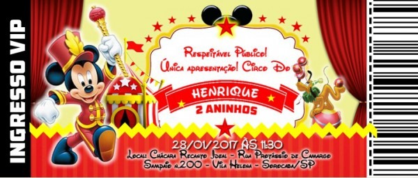 Convite Ingresso Do Circo Do Mickey (10 Unidades)