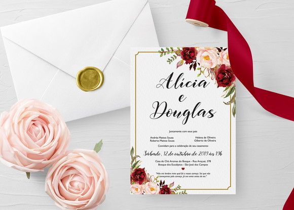 Convite Casamento Floral Marsala E Rosa Chá Convite Casamento Floral Marsala E Rosa Chá