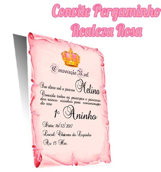 20 Convites Pergaminho Realeza Rosa Com Foto