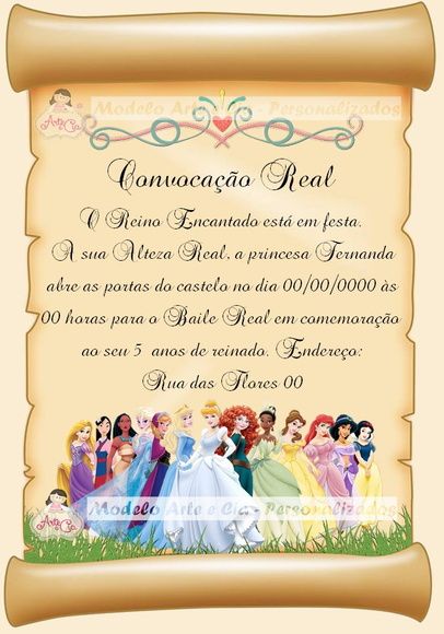 Convite Pergaminho Princesas Disney Convite Pergaminho Princesas Disney