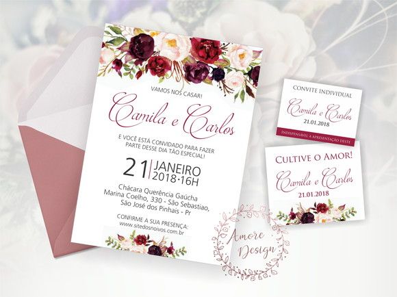 Compre Convite Casamento Floral Marsala Compre Convite Casamento Floral Marsala