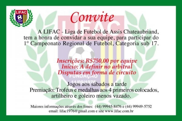 Lifac Abre Inscrições Para O Campeonato Regional Sub 17 Lifac Abre Inscrições Para O Campeonato Regional Sub 17