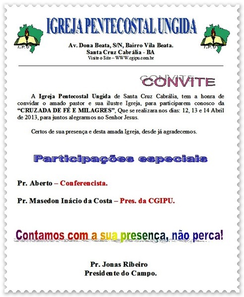 Convite Da Cruzada De Fé E Milagres Na Ipu De Santa Cruz Cabrália Convite Da Cruzada De Fé E Milagres Na Ipu De Santa Cruz Cabrália