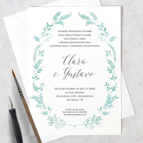 Arte Convite Casamento â Aquarela + Folhagem Digital â Tem Amor No Arte Convite Casamento â Aquarela + Folhagem Digital â Tem Amor No