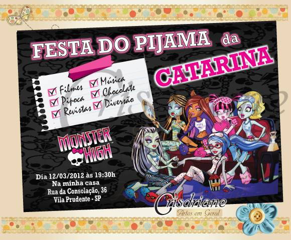 Convite Festa Do Pijama Monster High No Elo7
