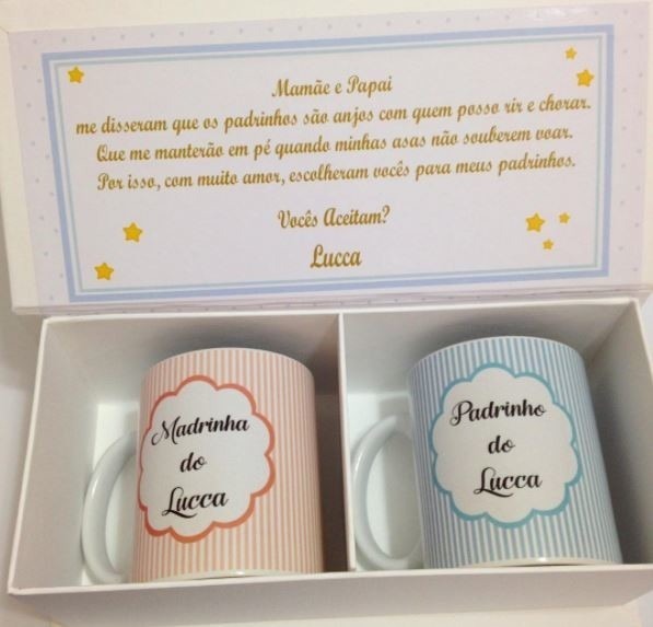 Convite Padrinhos Batizado Cartonagem Anjo5 2 Canecas