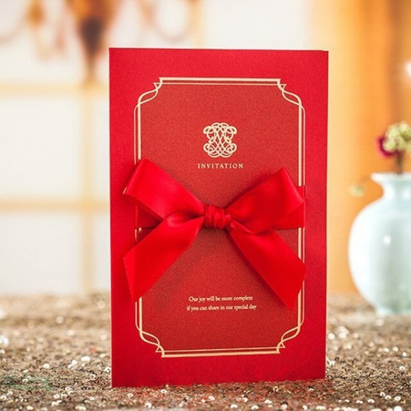 Elegante Bolso Do Convite Do Casamento Cartões Com Fita Vermelha + Elegante Bolso Do Convite Do Casamento Cartões Com Fita Vermelha +