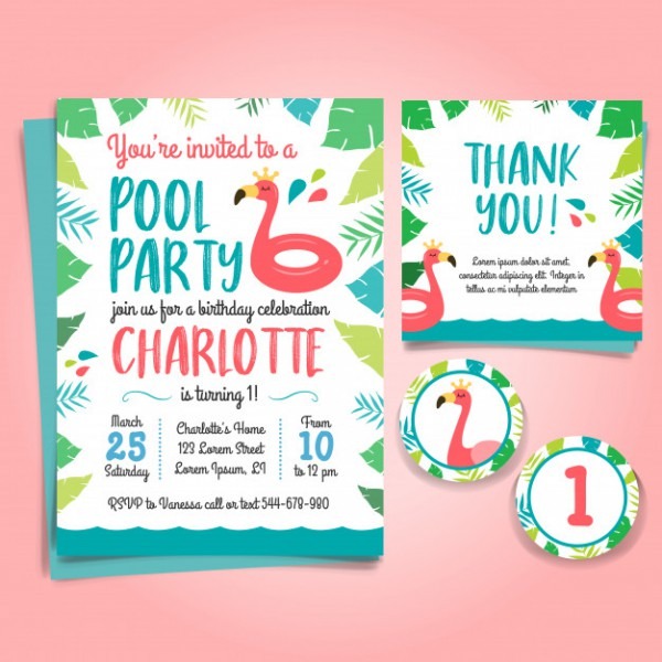 Flamingo Birthday Invitation, Pool Party Vector Flamingo Birthday Invitation, Pool Party Vector