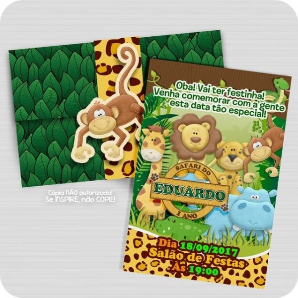 Convite Safari Macaco Personalizado Estampado Convite Safari Macaco Personalizado Estampado