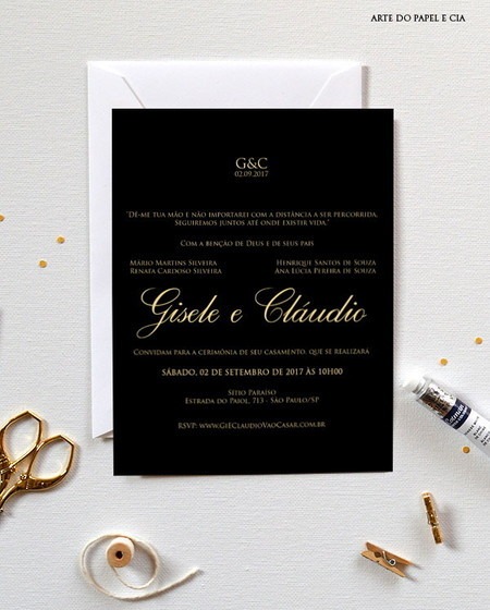 A37  Convite De Casamento Preto E Dourado