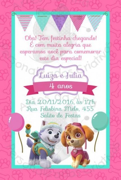 Convites Patrulha Canina Modelo CartÃ£o Rosa E Azul