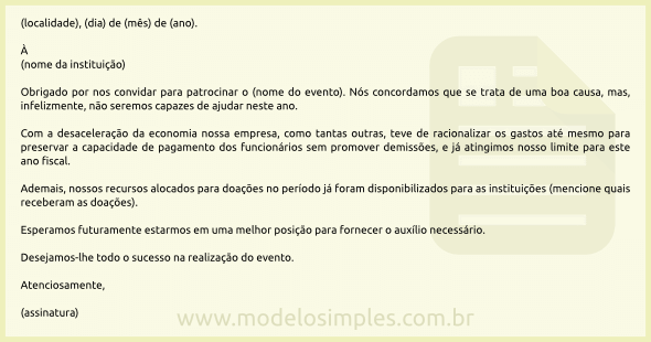 Modelo De Carta De Recusa A Um Pedido De Doação Modelo De Carta De Recusa A Um Pedido De Doação
