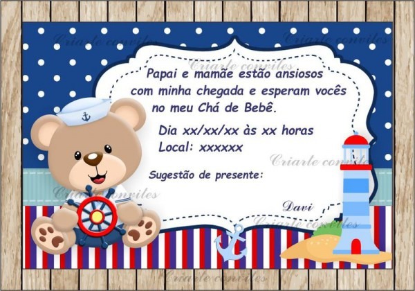 Convite ChÃ¡ De BebÃª Ursinho Marinheiro   Por Criarte Convites