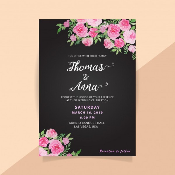 Convite De Casamento Floral Aquarela Em Fundo Preto
