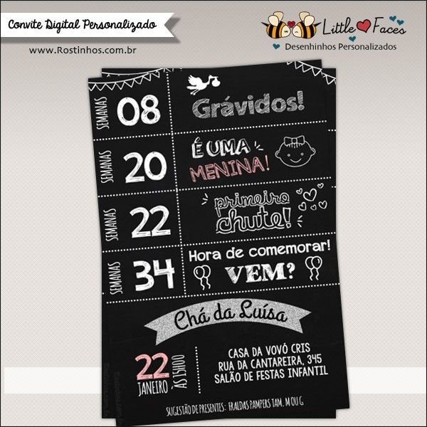 Convite Chá De Bebê Chalkboard Lousa Digital Convite Chá De Bebê Chalkboard Lousa Digital