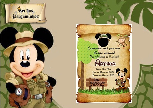 20 Convites Pergaminho Mickey Safari